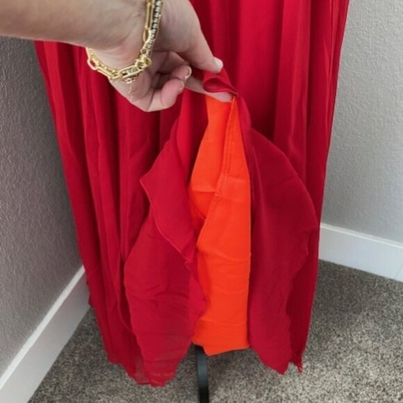 GORGEOUS Vintage 1960s Ivory Satin Halter Dress Red Chiffon Maxi Small 4 - Picture 5 of 16